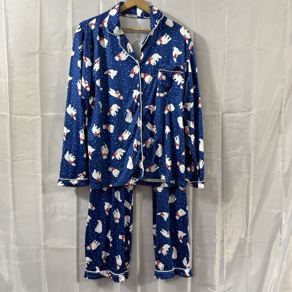 EKOUAER Pajama Set Womens XL CHRISTMAS POLAR BEARS Blue Pjs Sleep Pants Shirt **